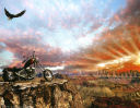 Chopper Motorcycle in the desert at sunset with an eagle soaring overhead great background design for your favorite biker